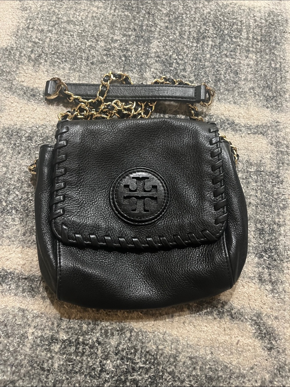 Tory Burch Black Leather Whipstitch Chain Crossbody